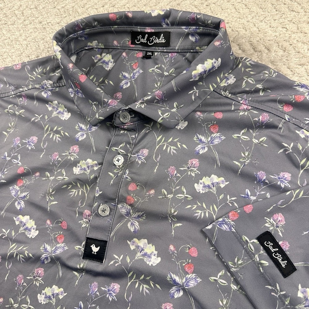 Bad Birdie Floral Golf Polo Shirt Mens 2XL Short Sleeve Wicking Stretch Colorful